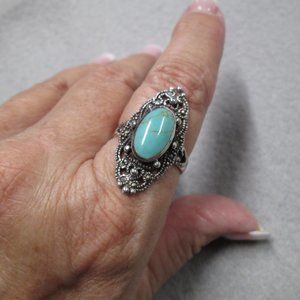 Stunning 925 Sterling Silver TURQUOISE & MARCASITE Filigree Ring>Long & Elegant